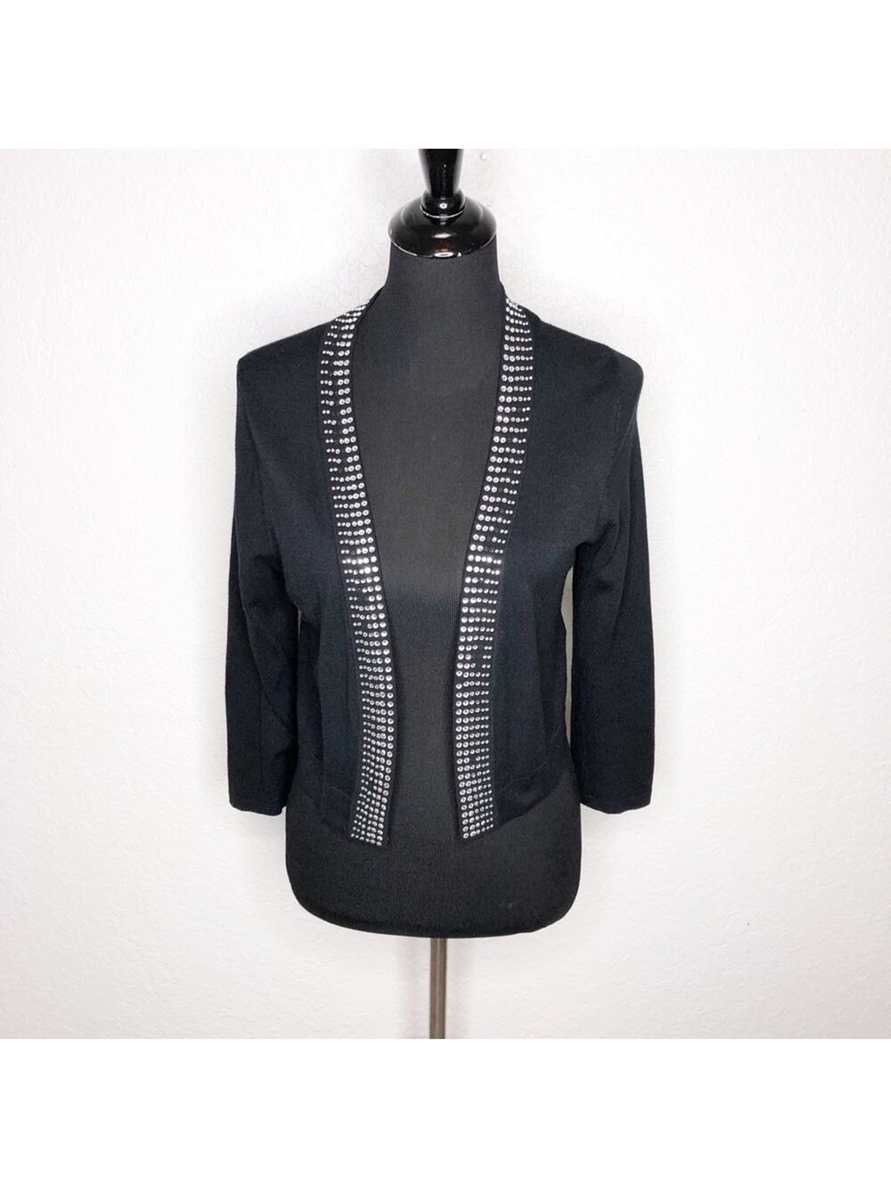 Eliza J black silver rhinestone trim open front cropped cardigan size Medium